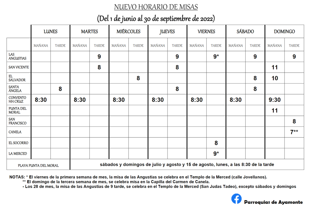 horarios misas parroquias ayamonte verano 2022