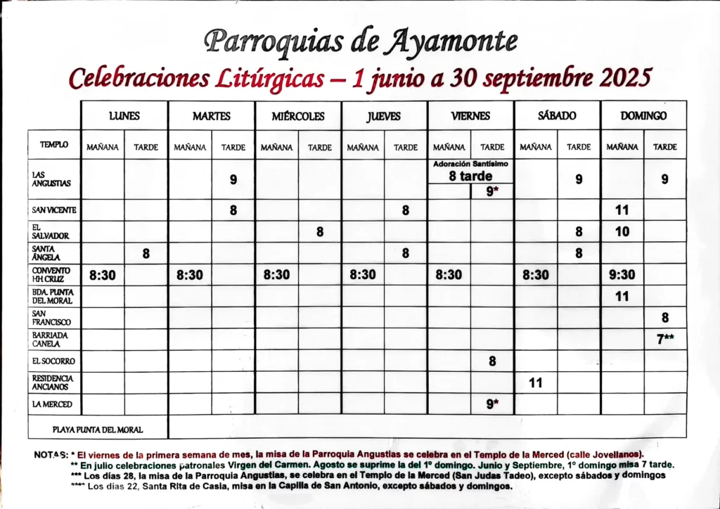 horarios misas ayamonte verano 2025