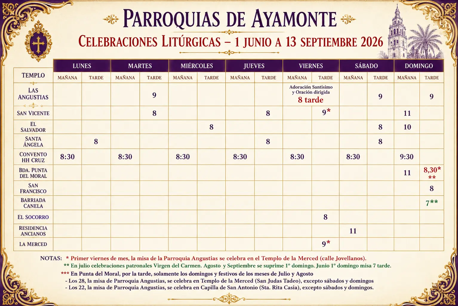 Horarios Misas Ayamonte Junio Julio Agosto Septiembre 2026 Horarios Misas Ayamonte Junio Julio Agosto Septiembre 2026