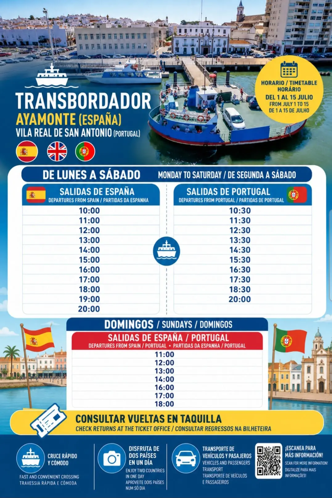 horario ferry ayamonte del 1 al 15 de julio 2026